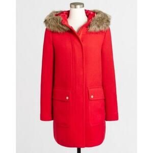 J. Crew Red Hooded Coat with Faux Fur Trim